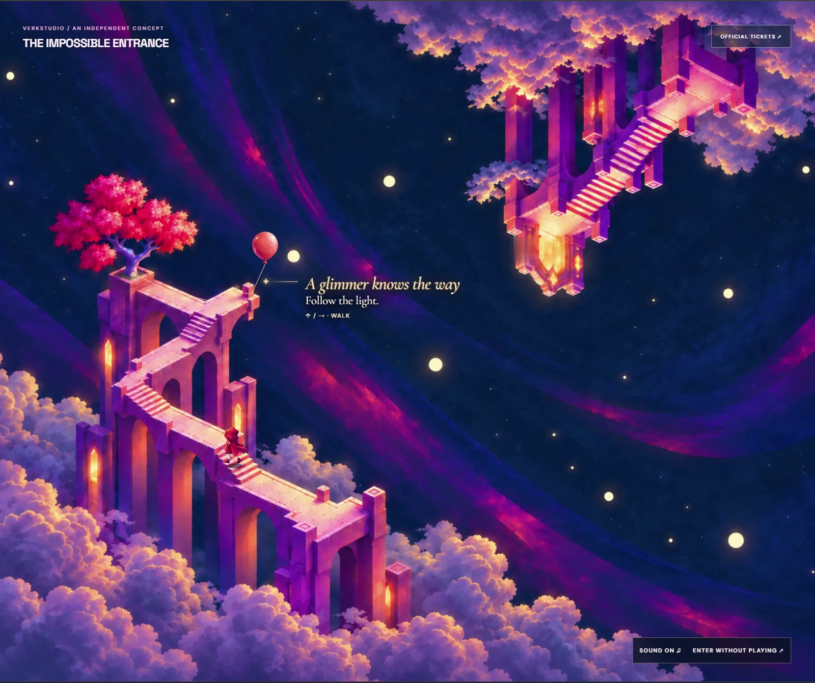 The Impossible Entrance — floating violet architecture and a red balloon