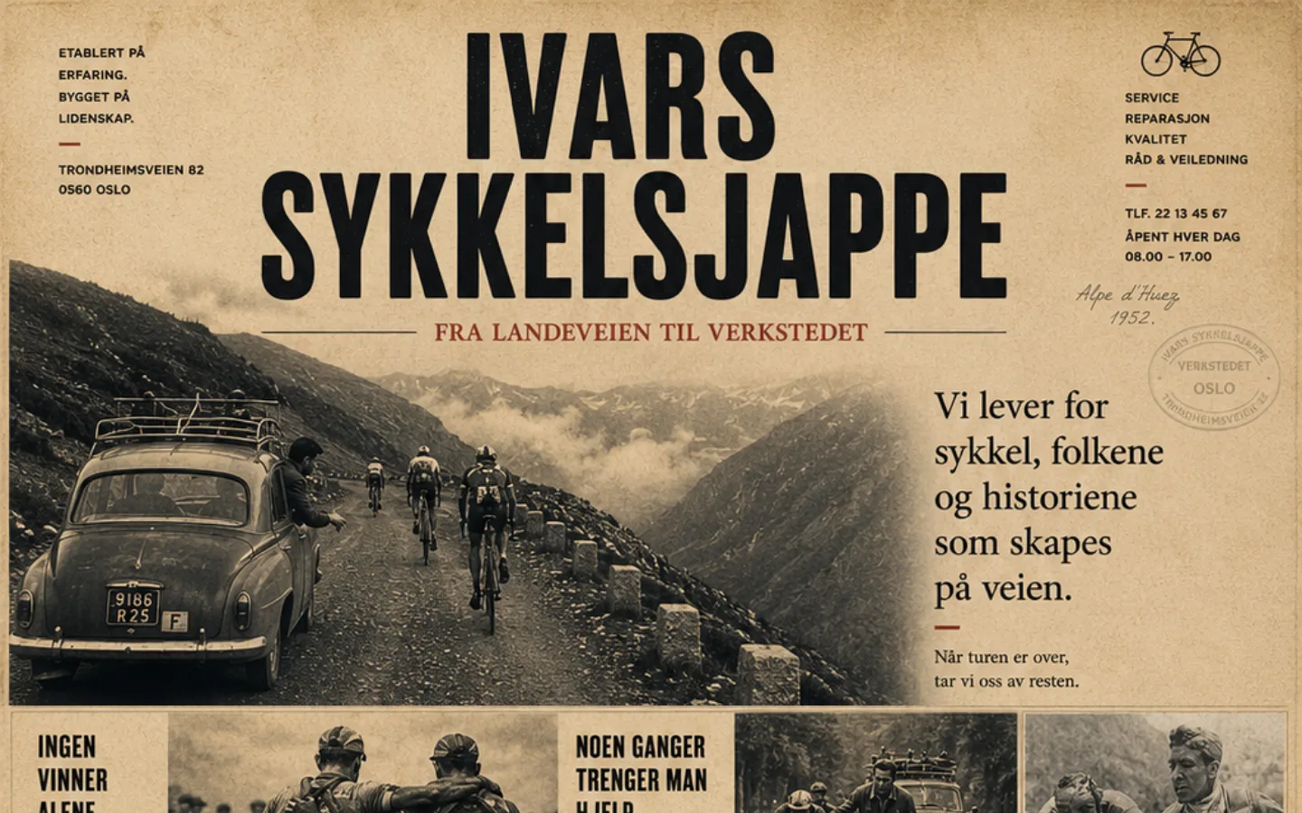 Ivars Sykkelsjappe — levende avis-design for sykkelverksted