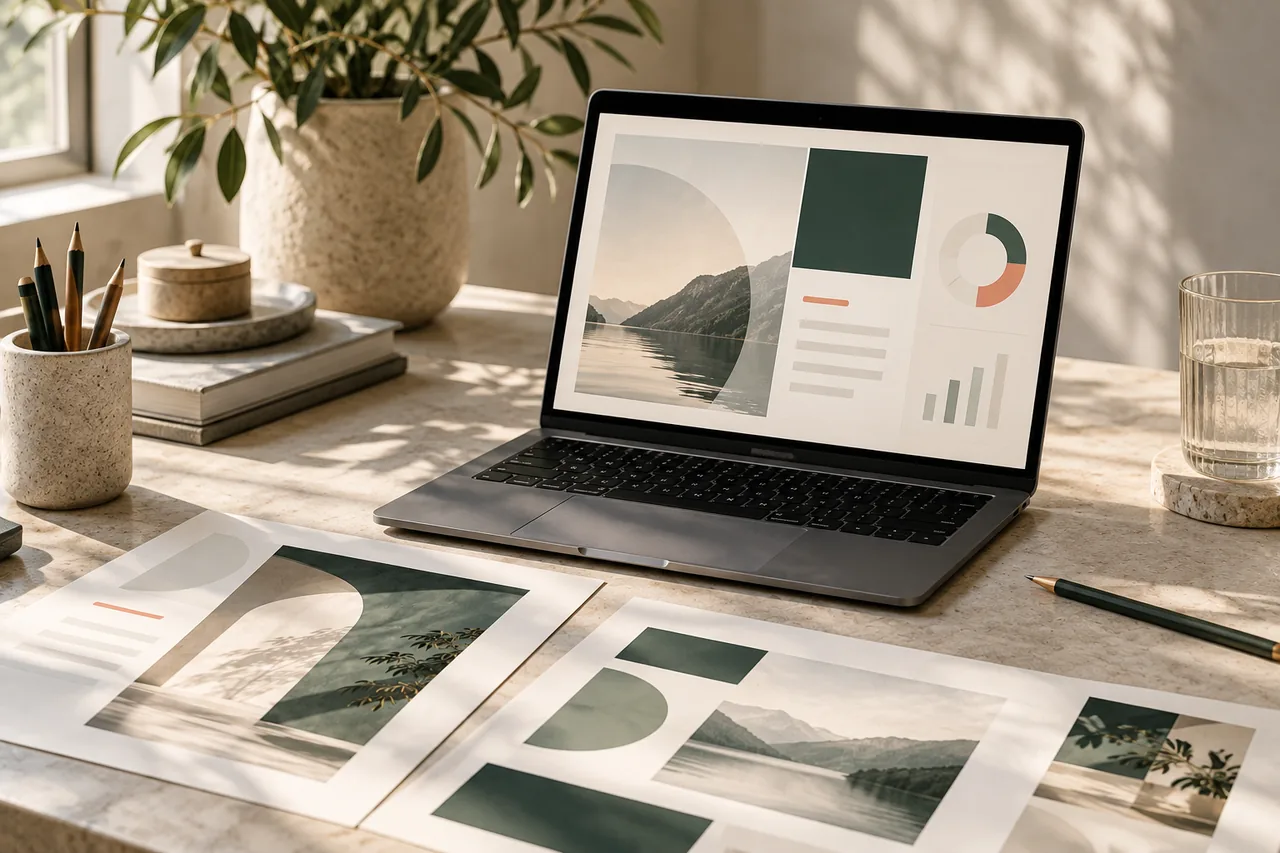 Arbeidsbord med en laptop og presentasjonsutkast i Verk Studios visuelle stil