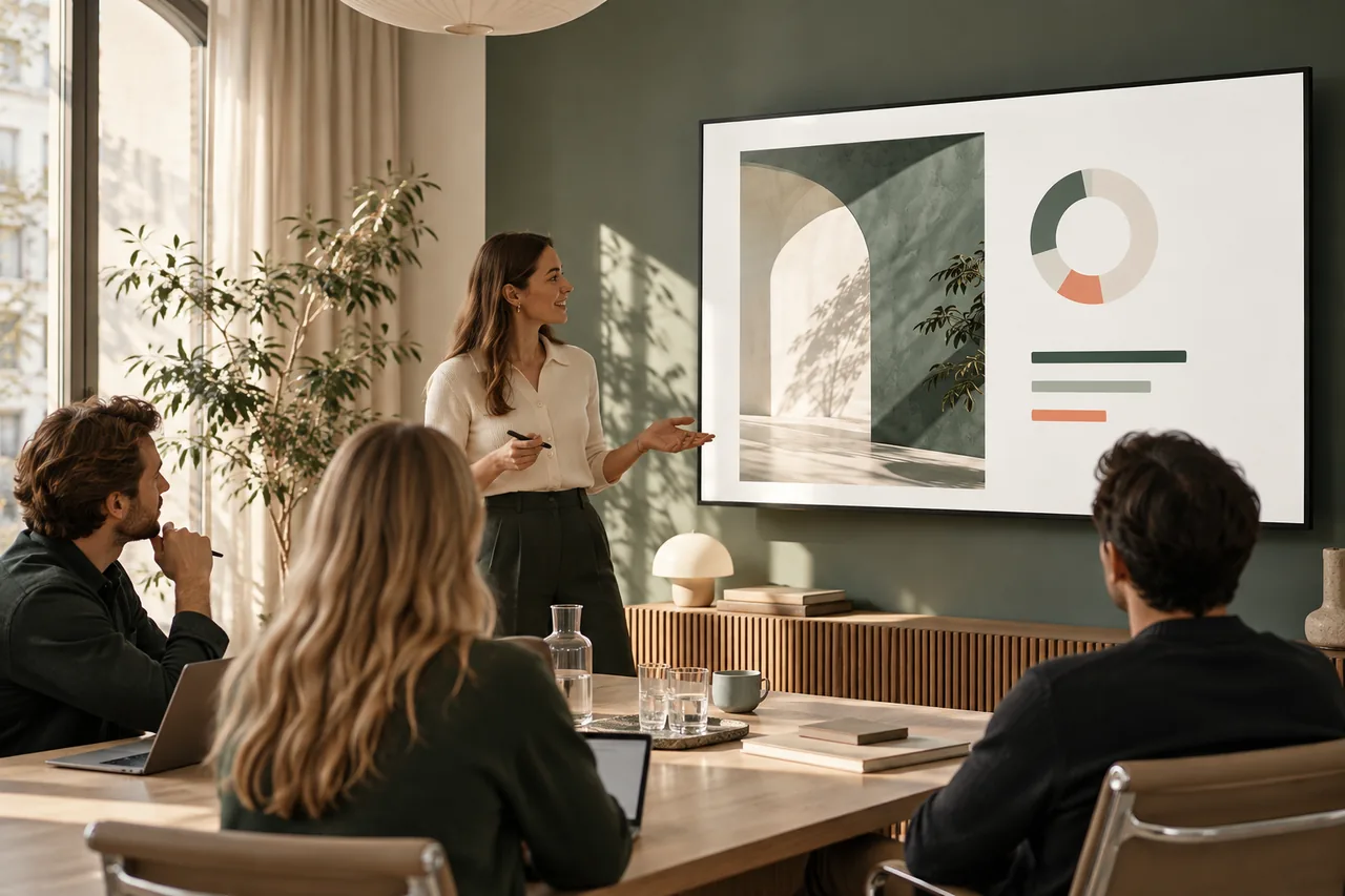 Presentatør viser et visuelt lysbilde for et lite team